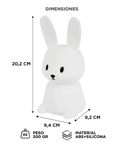 Lámpara blanca con forma de conejo, con cable USB y embalaje sobre fondo blanco.