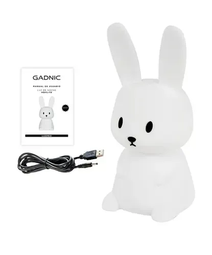 Lámpara blanca con forma de conejo, con cable USB y embalaje sobre fondo blanco.