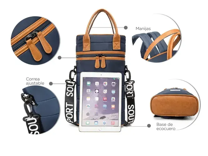 Bolso de hombro cilíndrico azul marino con asas color canela