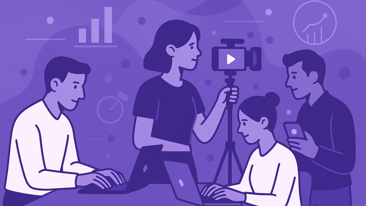 Profissionais colaborando em um ambiente futurista, com tons de roxo, criando e gravando conteúdo