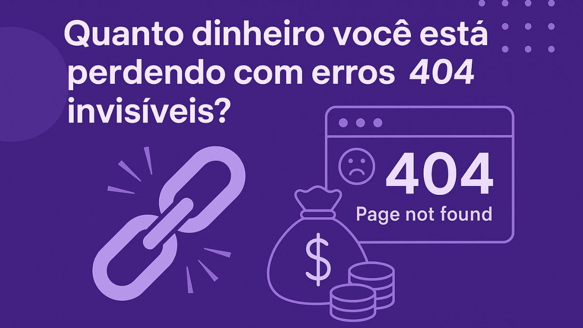 Erro 404 invisível, ícone triste, corrente quebrada e saco de dinheiro em fundo roxo com texto