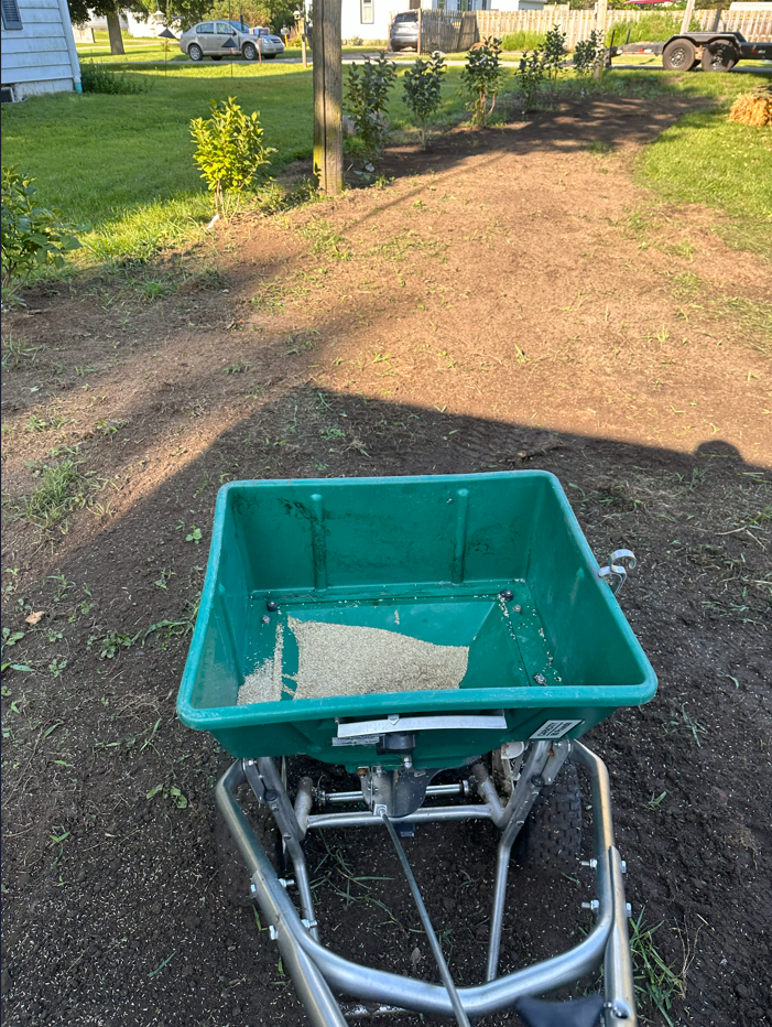 Green broadcast spreader on brown dirt, path in background, with plants and houses.
