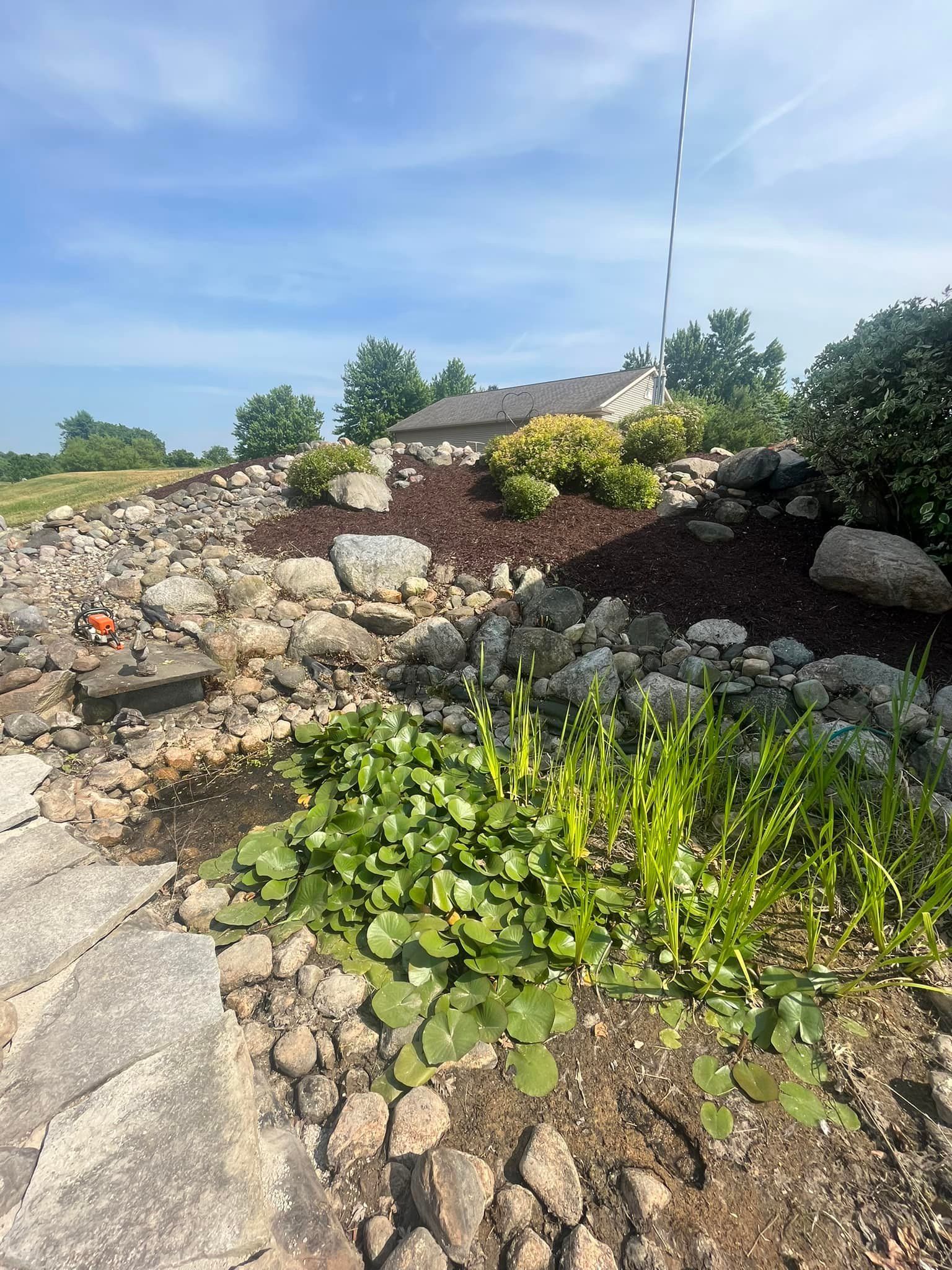 Landscaped garden with rocks, mulch, and greenery; house in the background under a blue sky.