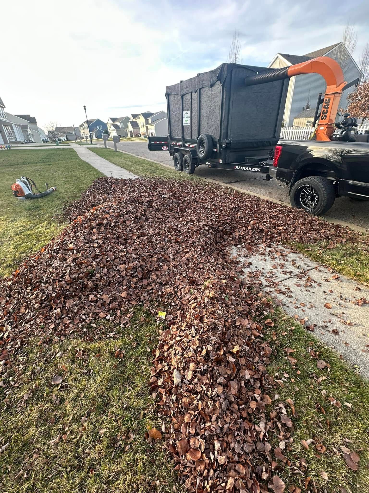 A black pickup truck with a leaf vacuum trailer collects a pile of brown leaves on a grassy lawn next to a sidewalk.