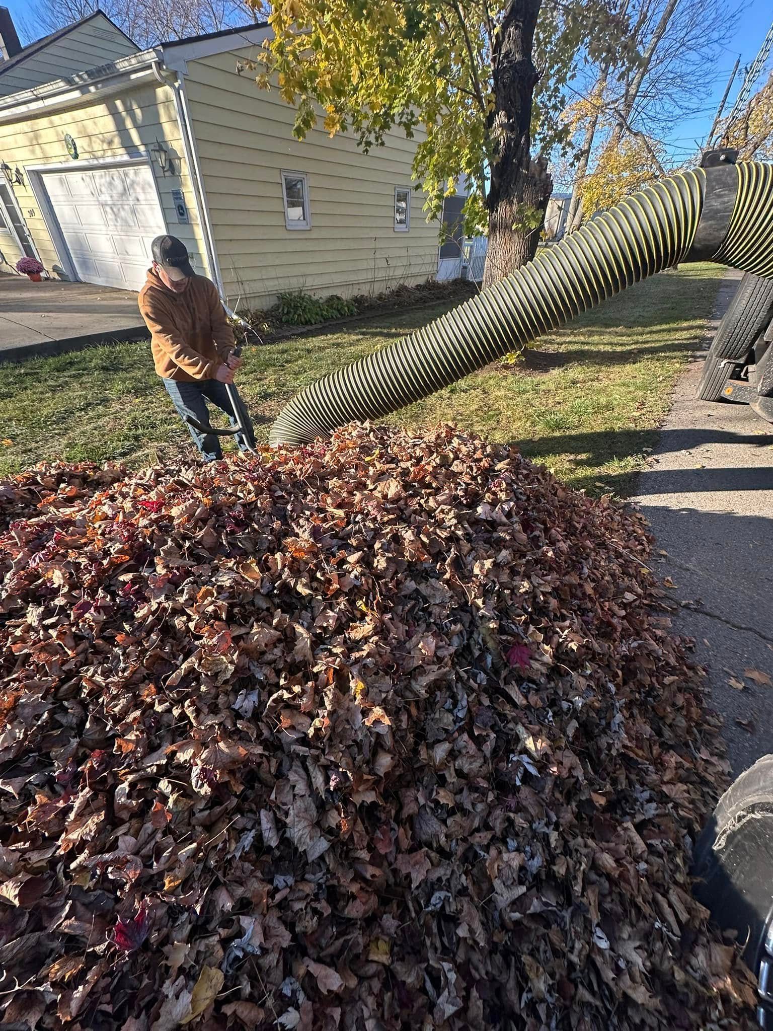 Person raking leaves into a large pile beside a house and a leaf vacuum hose.