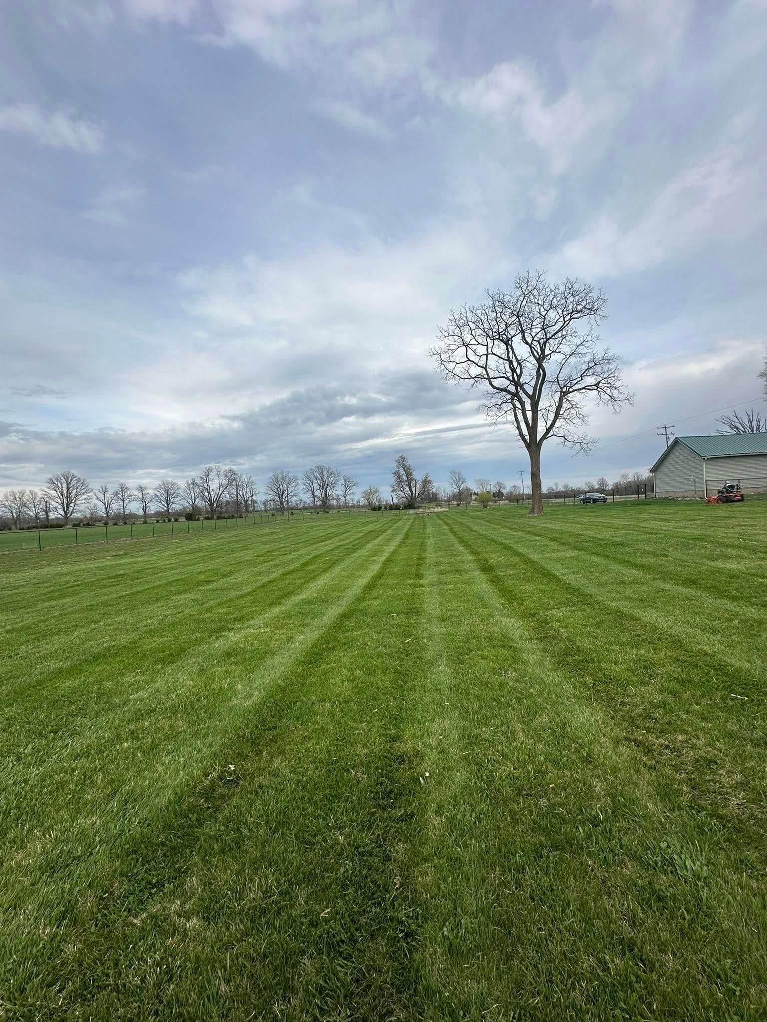 Lawn with freshly mown stripes, trees, and cloudy sky. A building is visible in the distance.