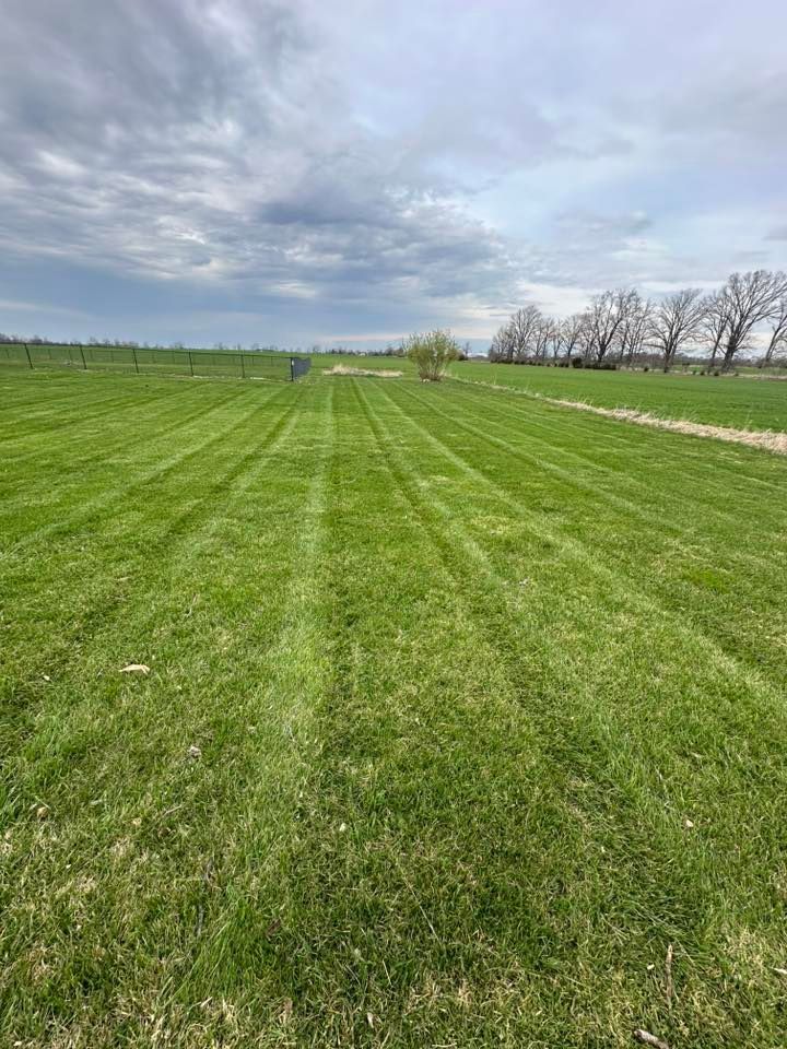 Lush green lawn with freshly cut mowing stripes, under a cloudy sky.