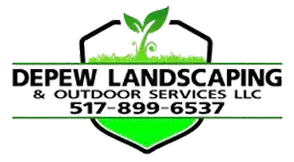 Logo for Depew Landscaping with a shield and grass illustration. Phone number: 517-899-6537.