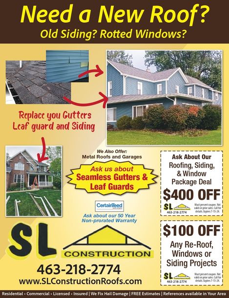 An Advertisement for Sl Construction Roofs that Says Need a New Roof | Shelbyville, IN | SL Construction