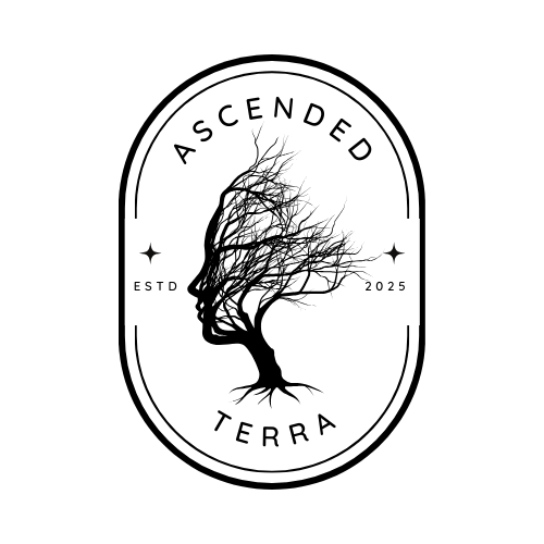 Logo: Silhouette of a face merged with a tree. Ascended Terra text in an oval frame.