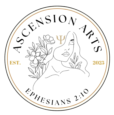 Ascension Arts logo: Woman with floral elements, gold accents, text 