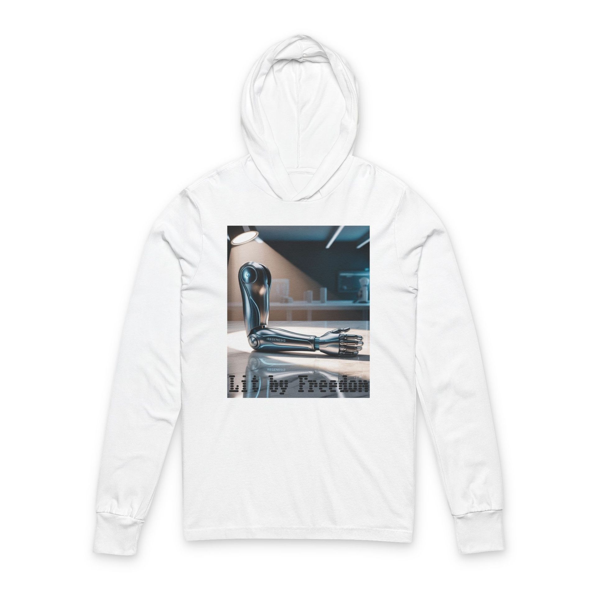 White hoodie with a robotic arm and 