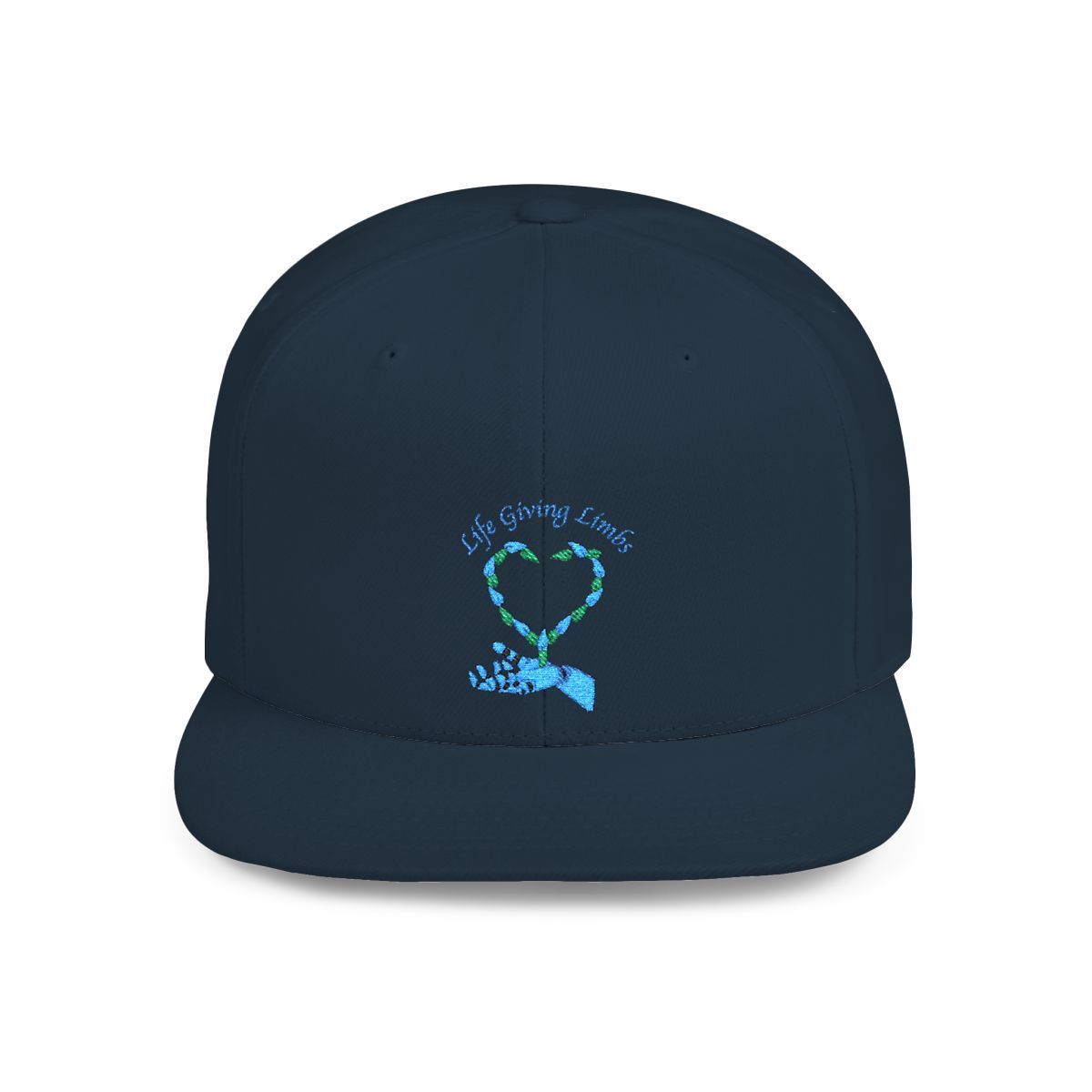 Navy cap with light blue heart-shaped design and text: 