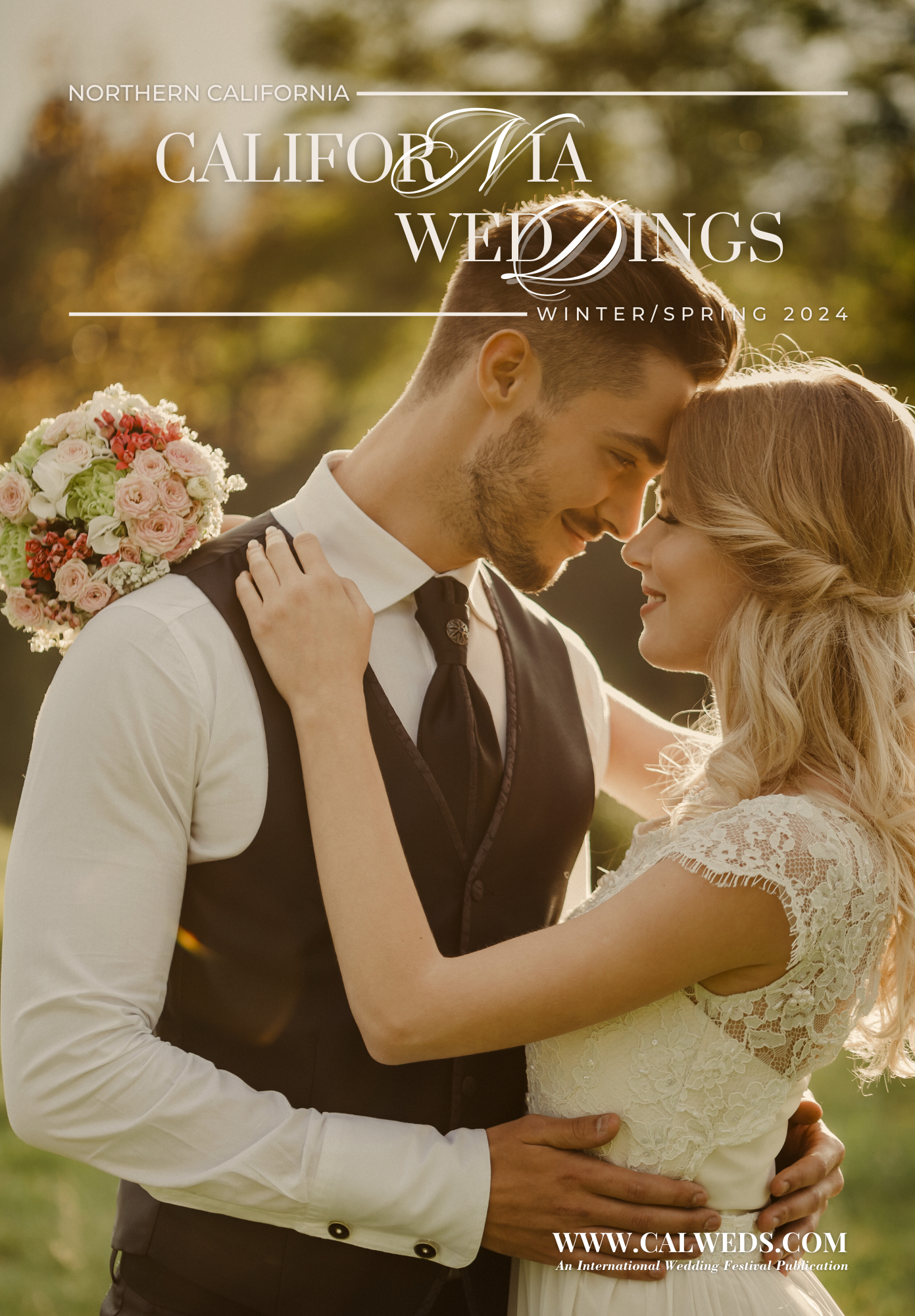 A bride and groom are hugging each other in a field.