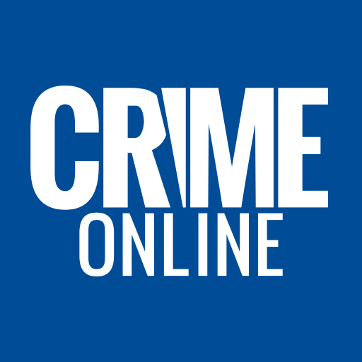 The logo for crime online is blue and white