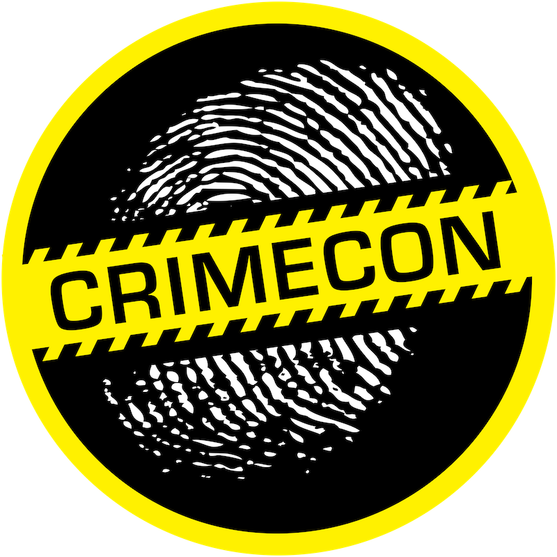 A black and yellow circle with a fingerprint and the word crimecon