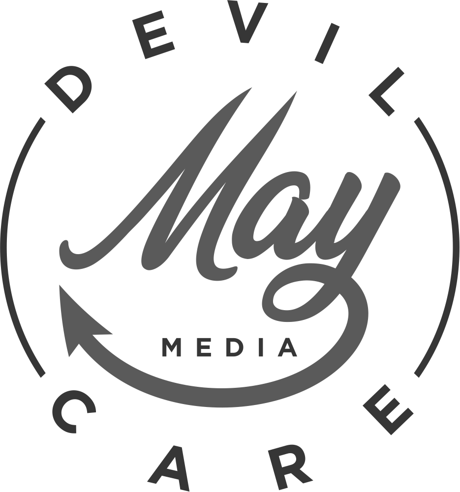 A black and white logo for may media care.