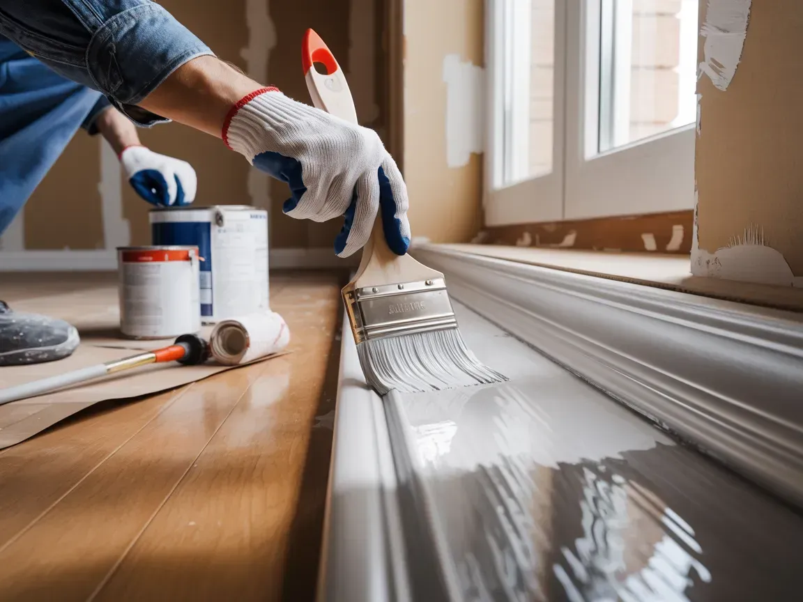 Person painting white baseboard with a brush; cans and roller nearby.