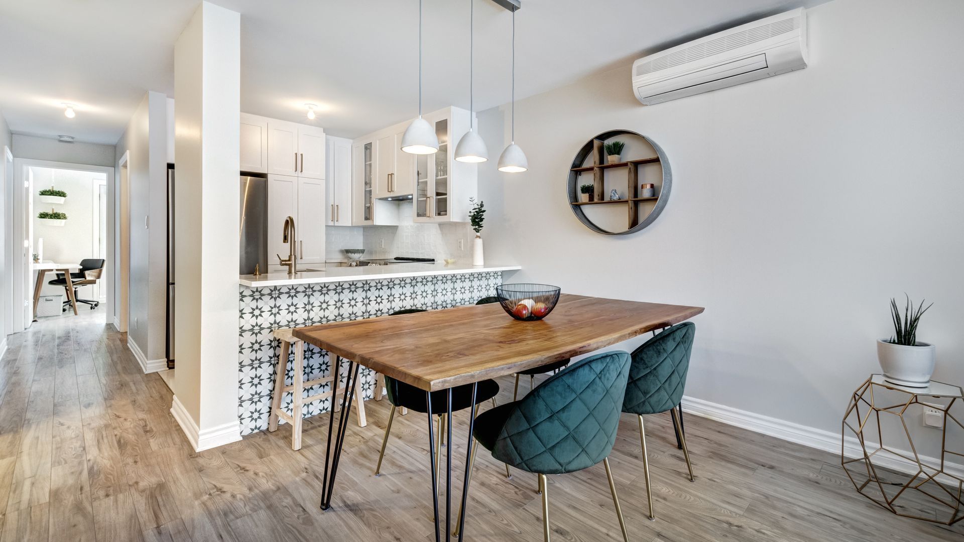 Modern dining table and kitchen