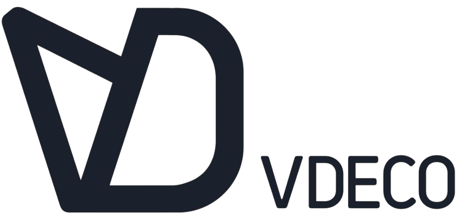 Logotipo para la empresa VDecoraciones. Gráfico "V" colorido: rosa, naranja, verde azulado y amarillo.