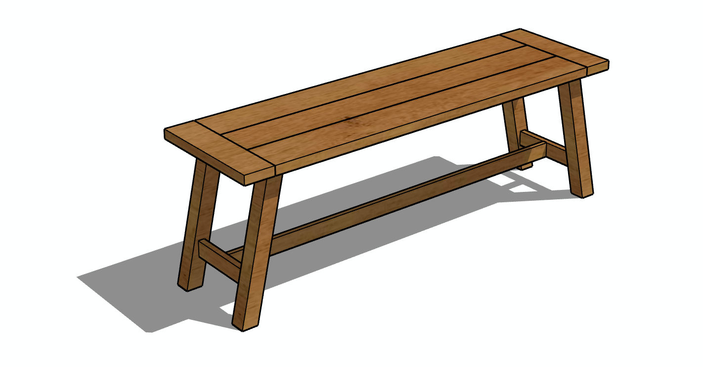Banco de madera con tablero y patas de color marrón, que proyecta una sombra sobre un fondo blanco.