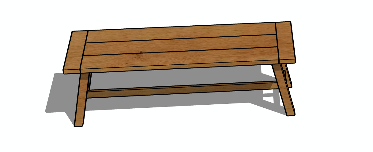 Banco de madera con tablero y patas de color marrón, que proyecta una sombra sobre un fondo blanco.