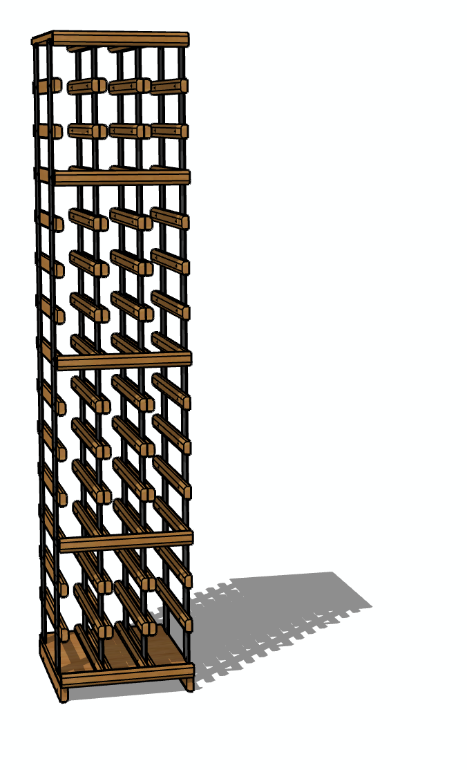 Botellero de madera con postes oscuros y estantes de color marrón claro, que proyectan una sombra sobre un fondo blanco.