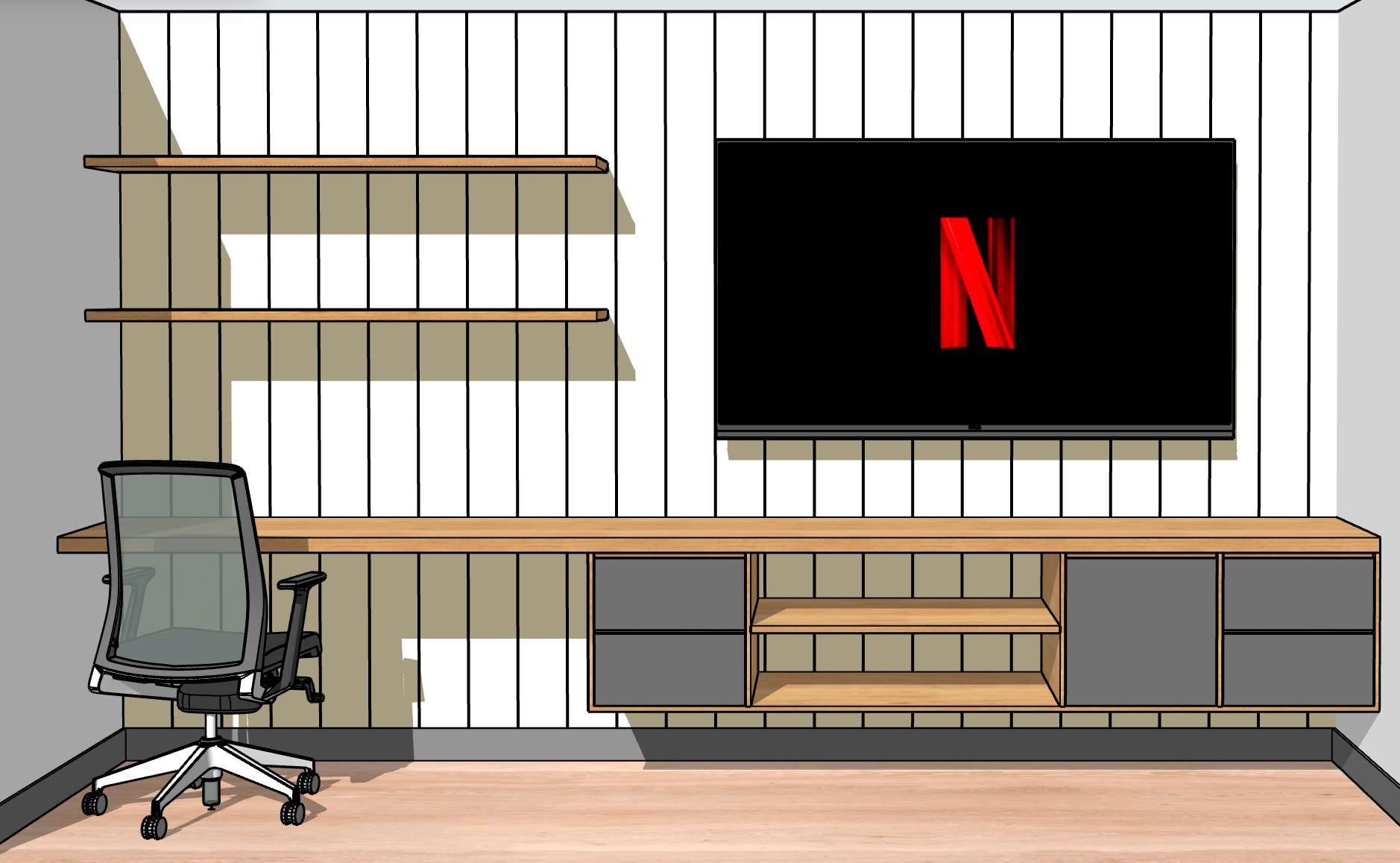 Habitación con escritorio empotrado, estanterías, TV con logo de Netflix, silla gris