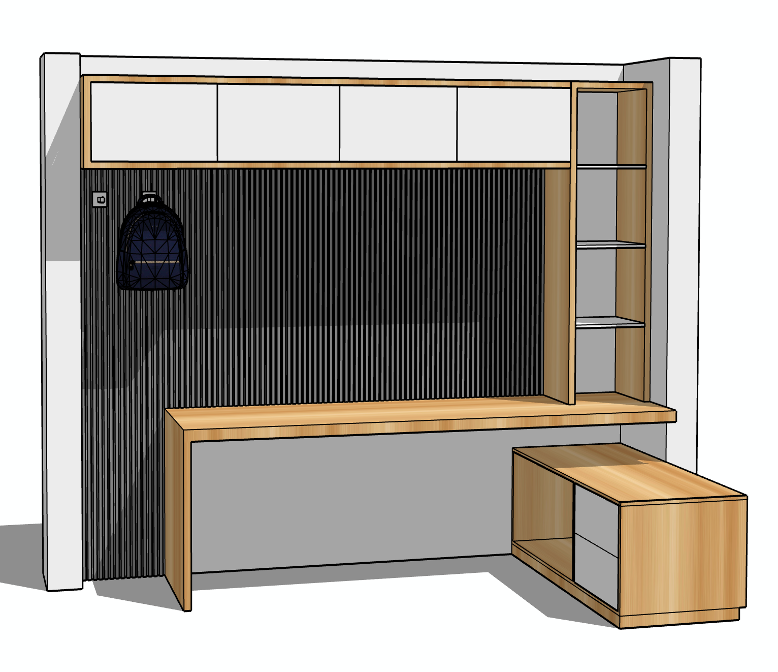 Un escritorio moderno empotrado con gabinetes superiores, estantes y un banco; gabinetes de madera clara y color blanco.