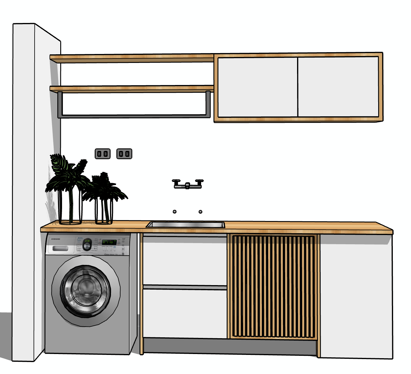Vista aérea de una cocina moderna con encimeras de madera, gabinetes blancos y lavadora.