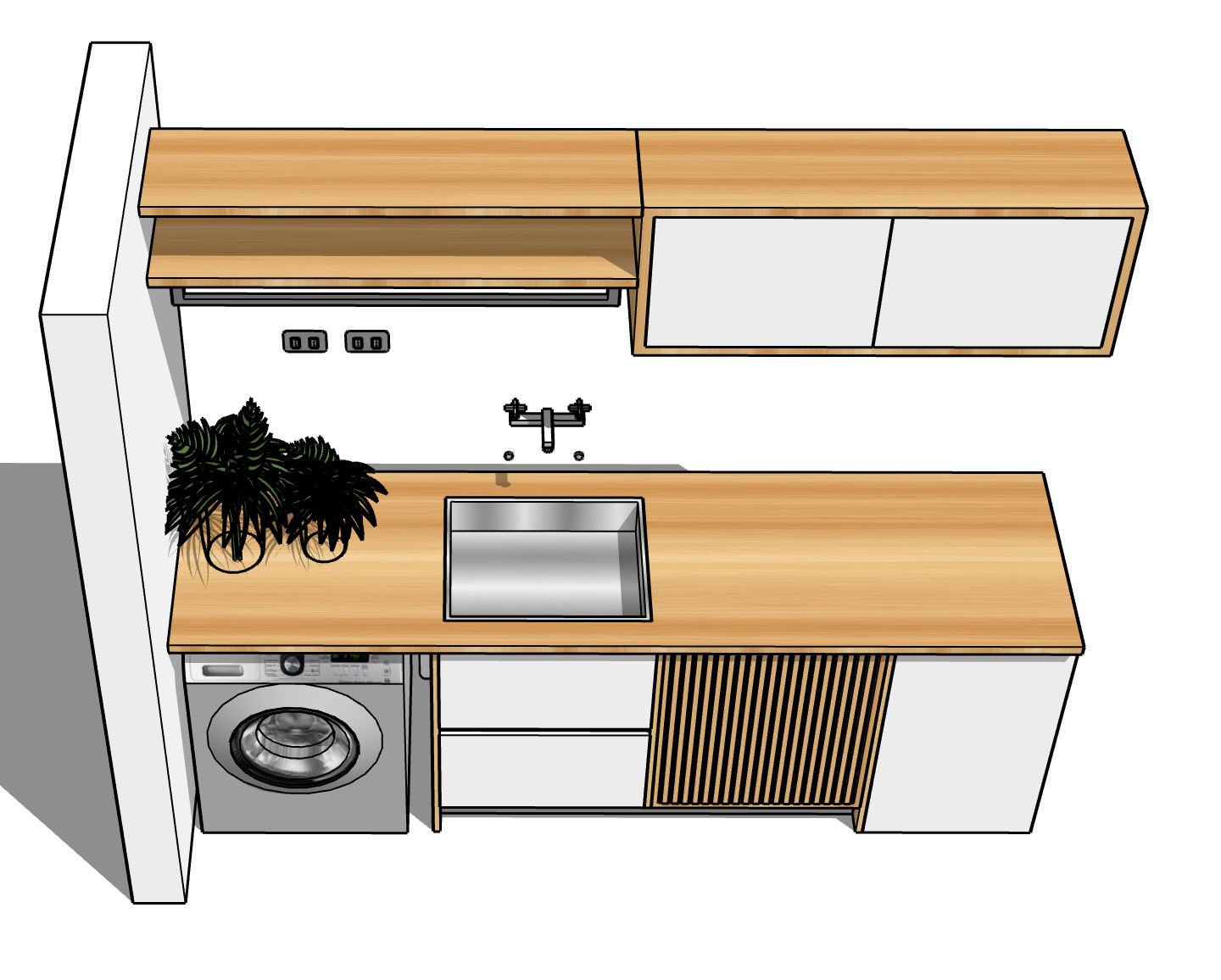 Vista aérea de una cocina moderna con encimeras de madera, gabinetes blancos y lavadora.