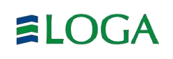 Logotipo de LOGA, texto verde con formas azules y verdes apiladas.
