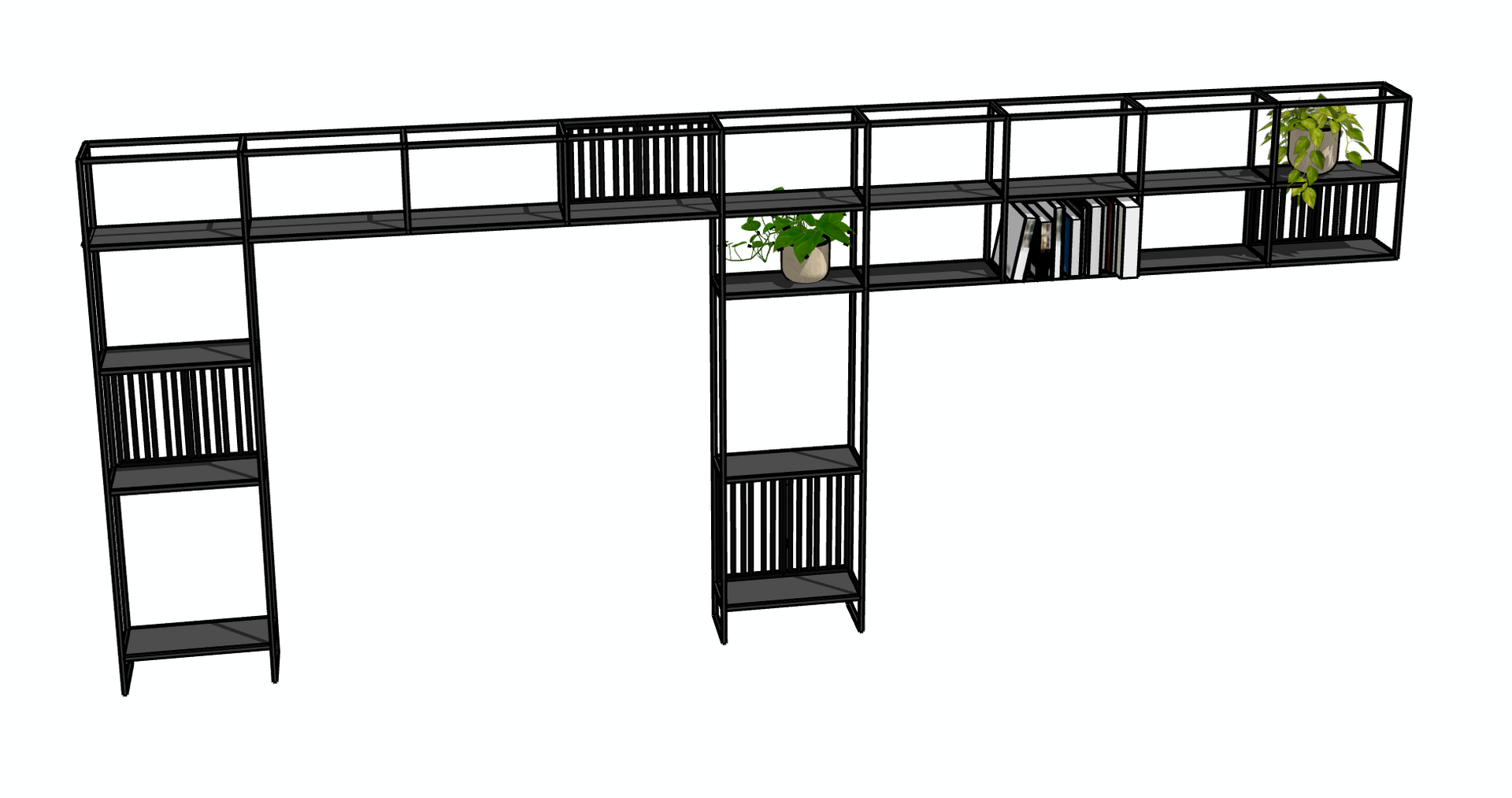 Estantería metálica de color negro en forma de L, con libros y plantas en los estantes.