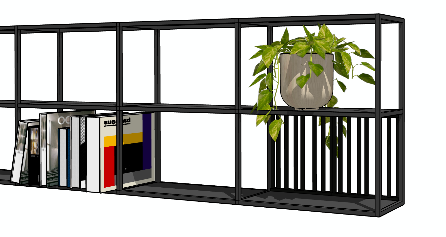 Estantería metálica de color negro en forma de L, con libros y plantas en los estantes.