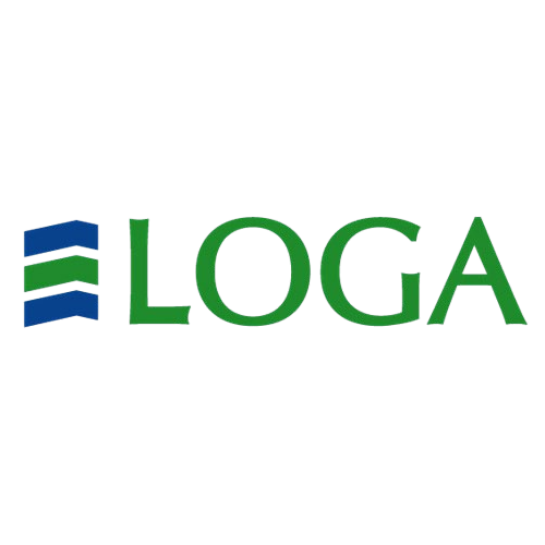 Logotipo de LOGA, texto verde con formas azules y verdes apiladas.