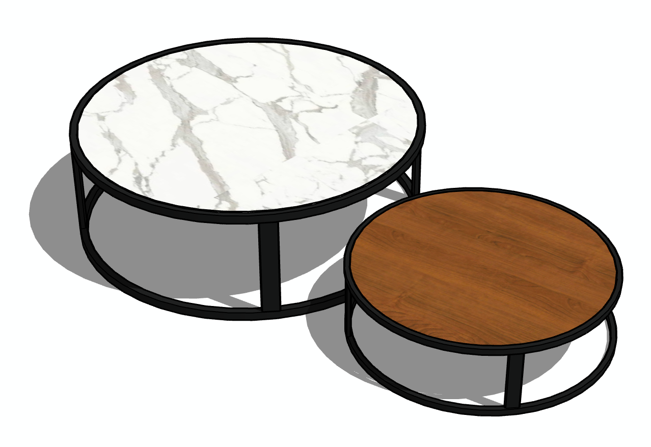 Dos mesas de centro redondas, una con tapa de mármol blanco, otra con tapa de veta de madera y marcos de metal negro.