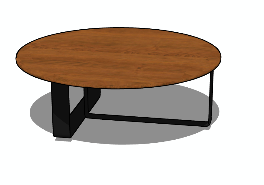 Mesa de centro redonda de madera marrón con patas negras, que proyecta una sombra.