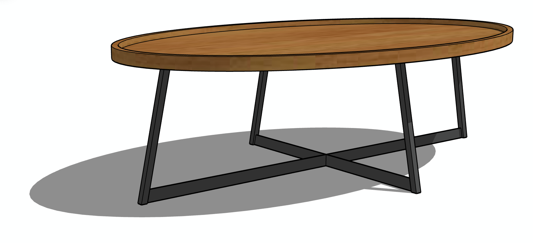 Mesa de centro ovalada de madera con patas de metal cruzadas en color negro.