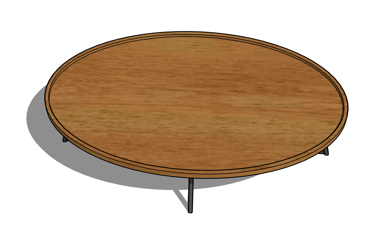 Mesa de centro ovalada de madera con patas de metal cruzadas en color negro.