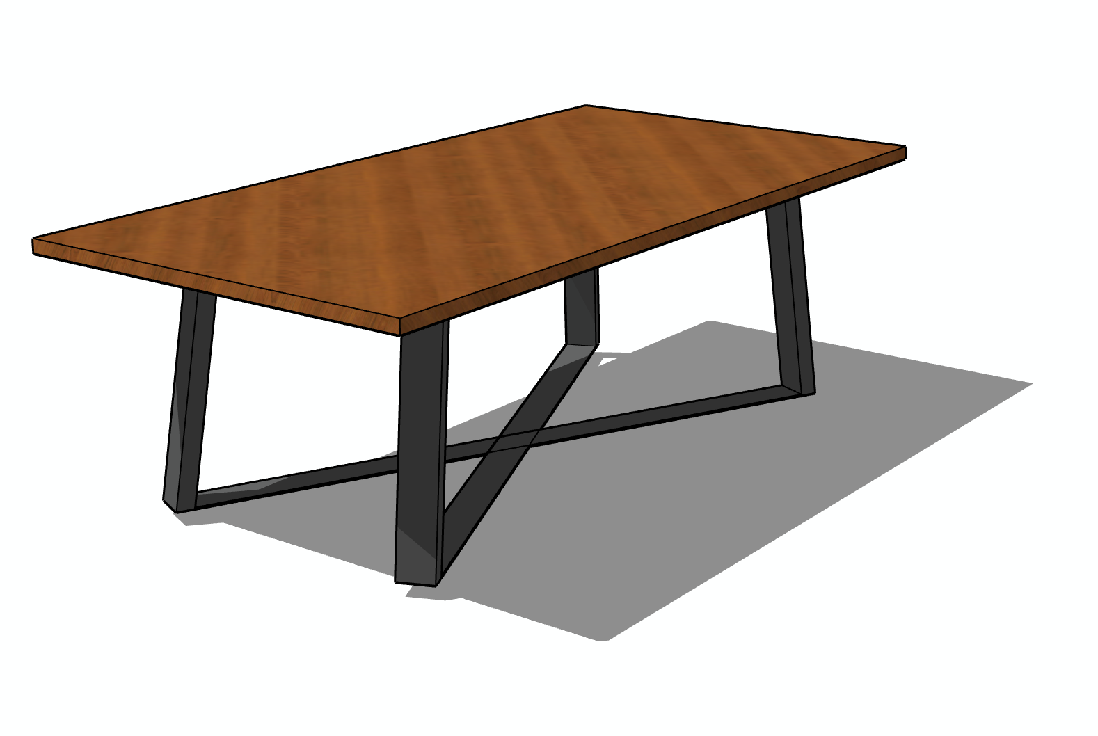 Mesa rectangular de madera de color marrón con patas en ángulo de metal negro.