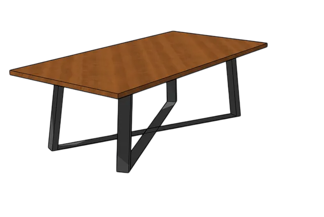 Mesa rectangular de madera marrón con patas en ángulo de metal negro.