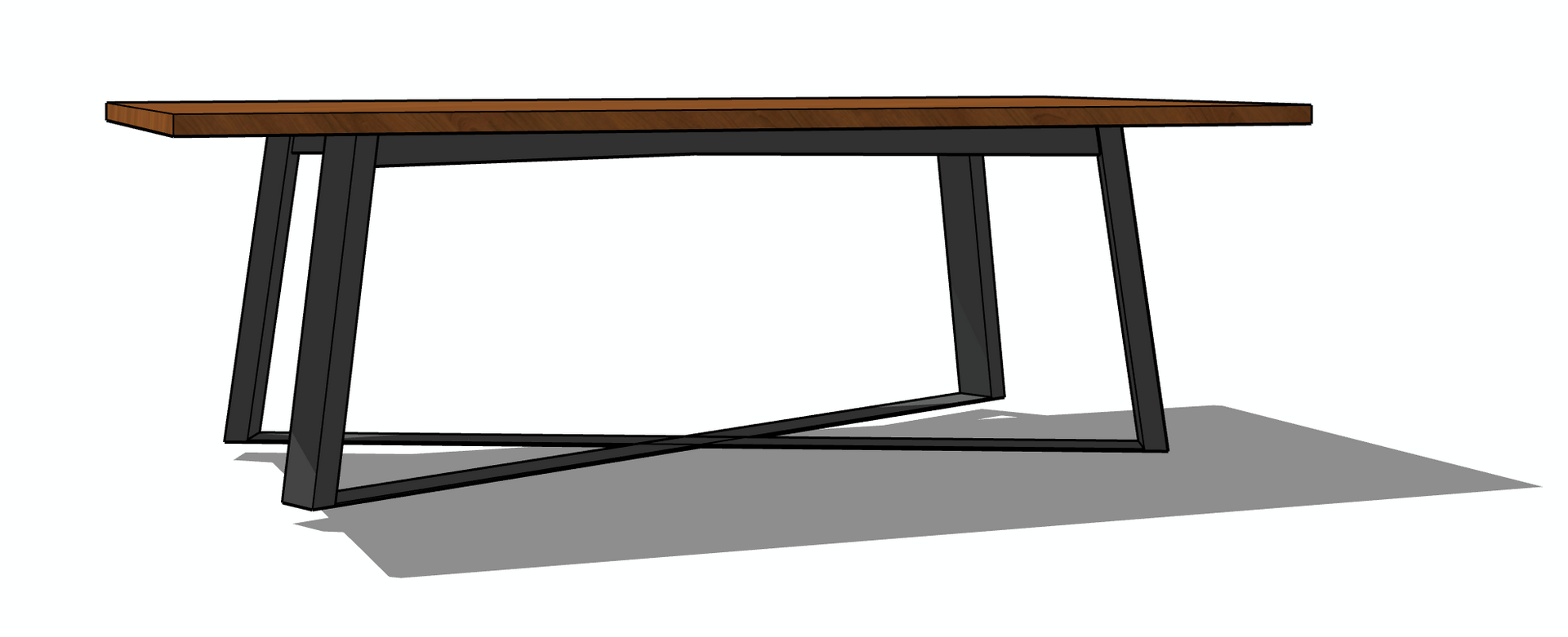 Mesa rectangular de madera de color marrón con patas en ángulo de metal negro.