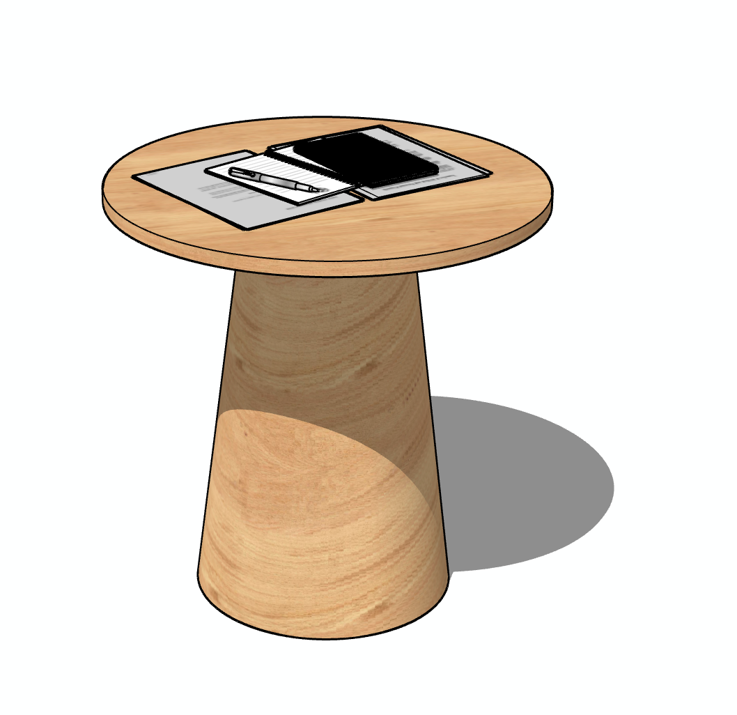 Mesa de madera con tablero circular y base cónica. Sobre ella se encuentran documentos y un rectángulo negro.