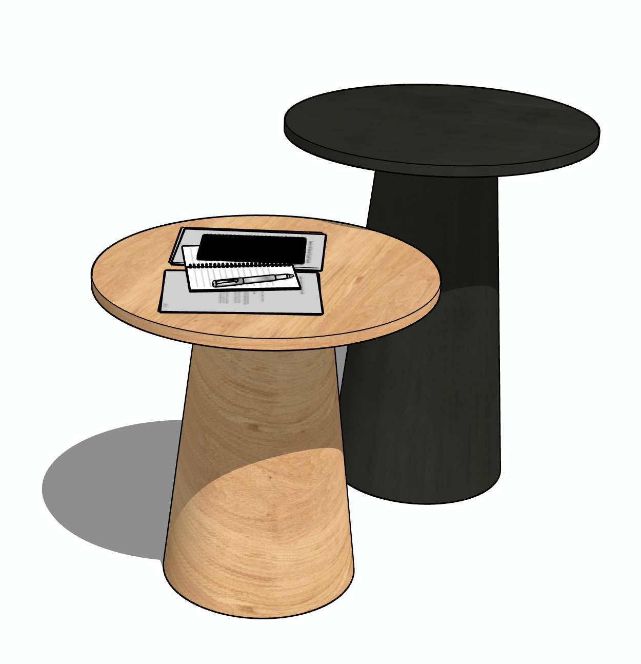 Dos mesas redondas, una de madera clara con papeles y tablet, la otra oscura.