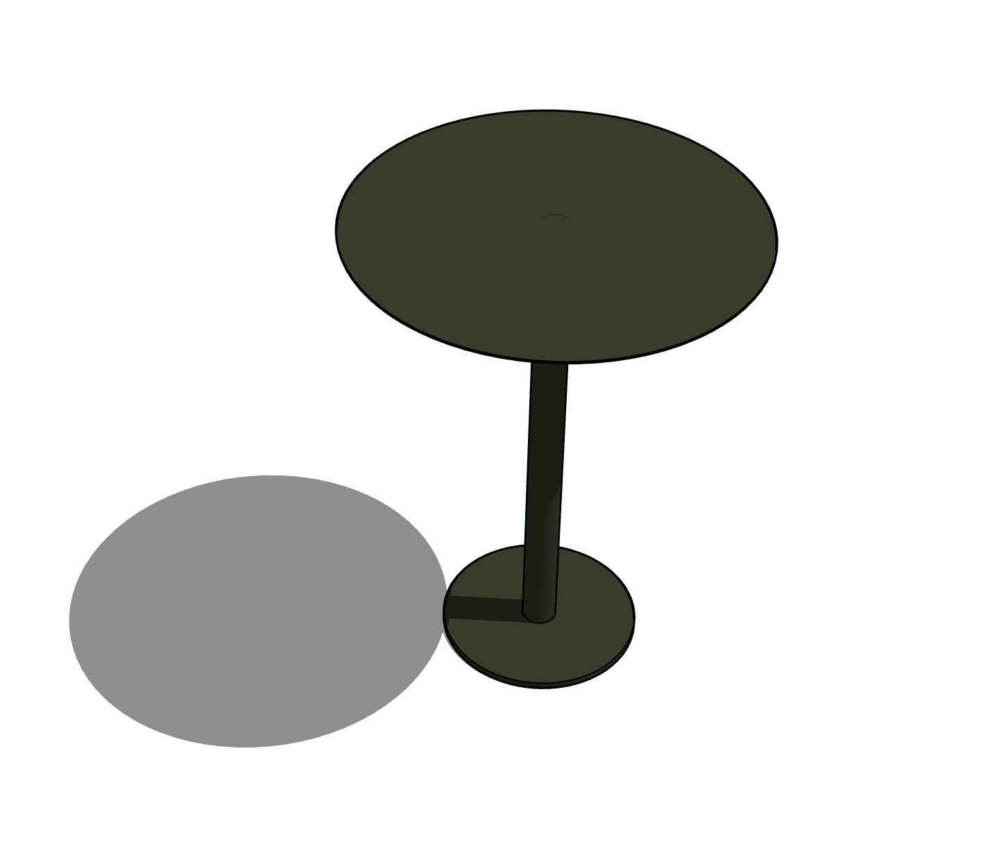 Mesa redonda de color verde oscuro con pedestal central y sombra sobre fondo blanco.