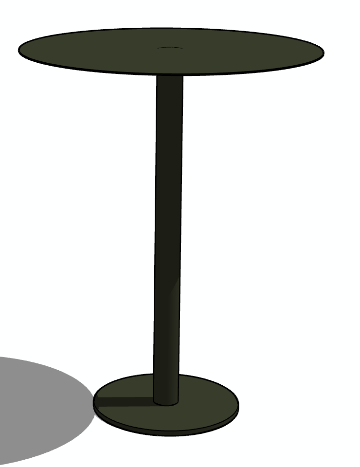 Mesa redonda de color verde oscuro con pedestal central y sombra sobre fondo blanco.