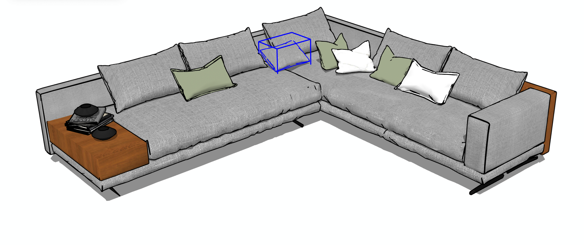 Sofá seccional gris en forma de L con almohadones y una mesa auxiliar con objetos encima.