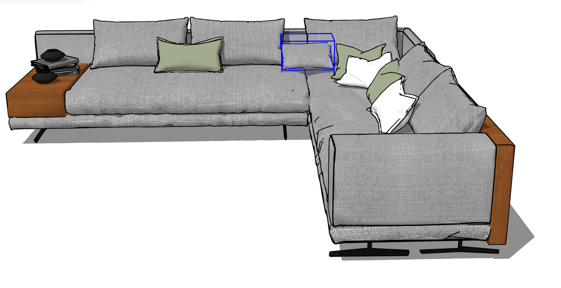 Sofá seccional gris en forma de L con almohadones y una mesa auxiliar con objetos encima.