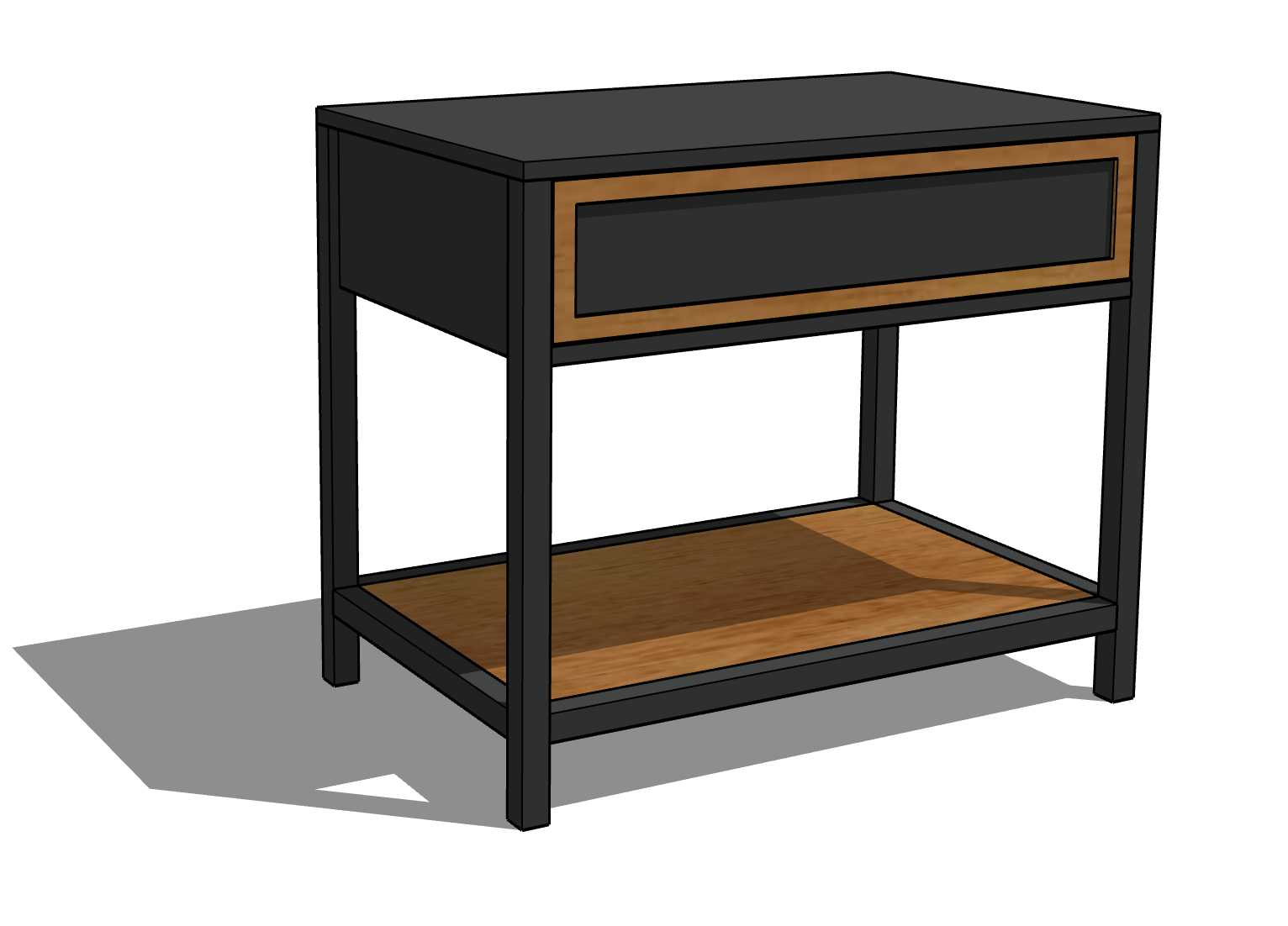 Mesita de noche negra y madera con cajón y estante.