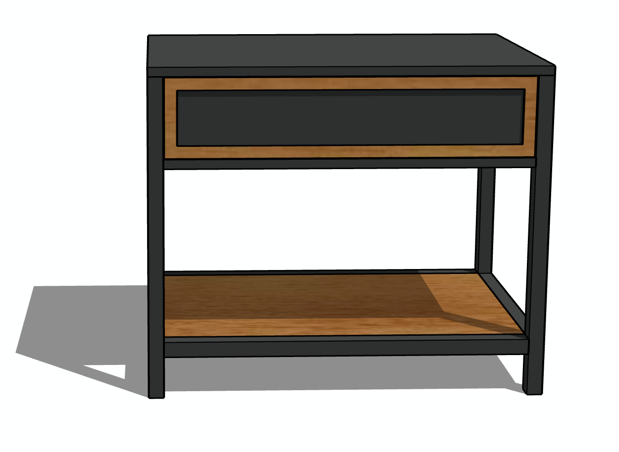 Mesita de noche negra y madera con cajón y estante.